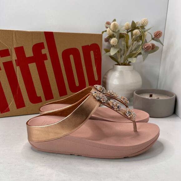 FitFlop Galaxy Crystal Embellished Toe-Thong Sandals Rose Gold Women 9/EU41 NWB - Picture 2 of 11